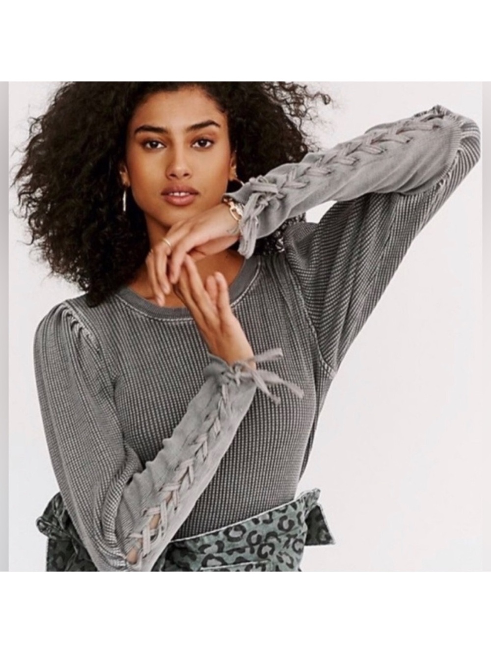 Free People FP ONE Tasha Lace Up Sleeve Thermal Waffle Knit Top Size M Gray